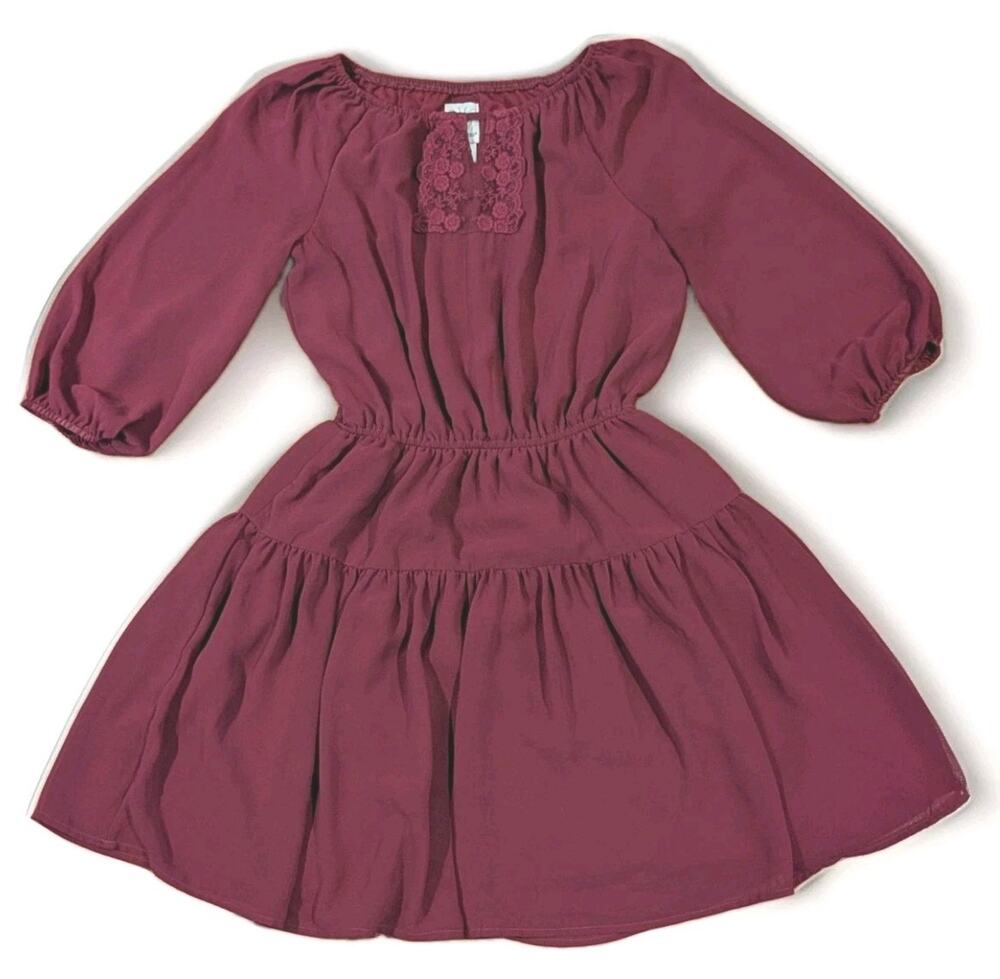 Ella Moss Size 16 Burgundy Lace Peasant Dress Boho Balloon Sleeve Tiered